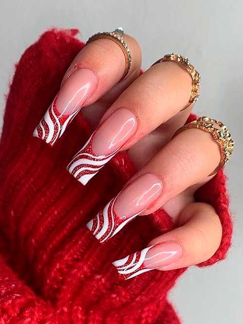 Long Square Shaped Glitter French Red Nails with White Swirls