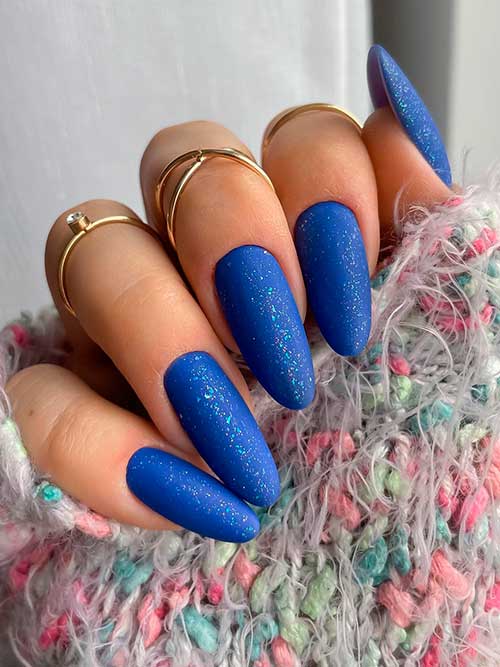 Long Matte Cobalt Blue Winter Nails with Glitter