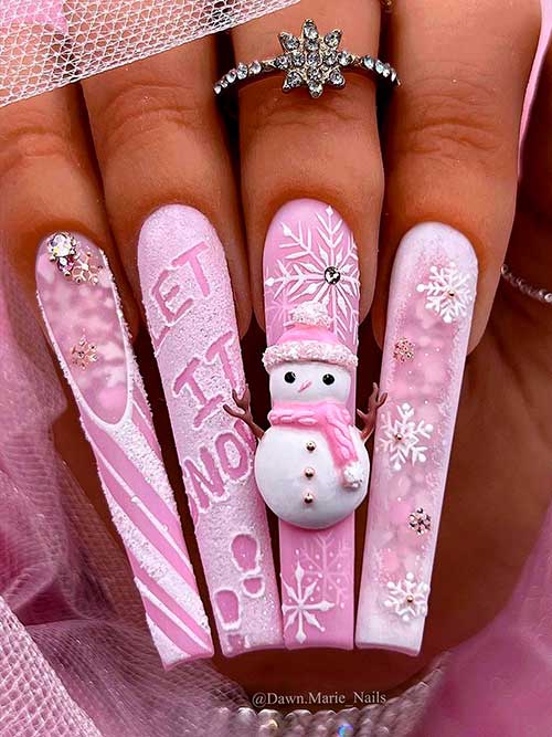 Long Coffin Pink Christmas Nail Design with Snowflakes, Candy Cane, Snowman Nail Art on Accent Nails