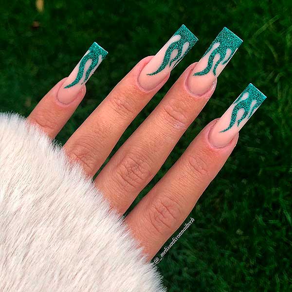 Long Square Shaped Glitter Flame Emerald Green Nails