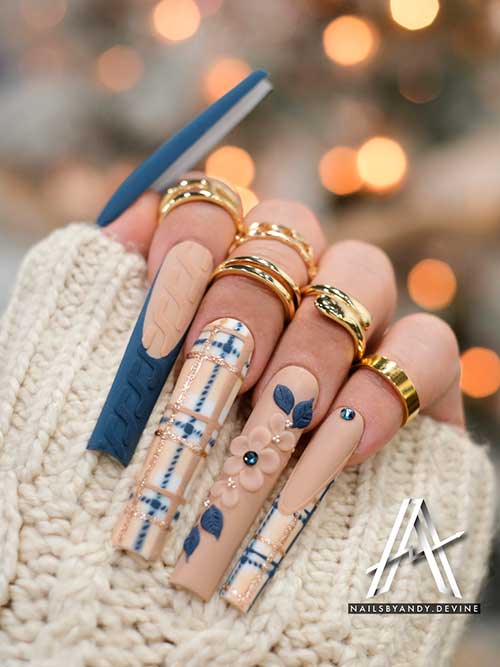 French Blue Nails with Plaid Nail Art Long Square Shaped Matte Nude and Navy Blue Winter Nails with Plaid and French Nail Art, 3d Flowers, and Glitter