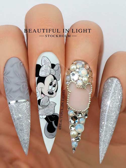Long Stiletto Grey and White Minnie Mouse Nails with Rhinestones, Pearls, and Glitter