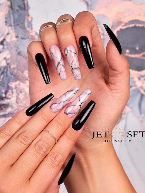 Long coffin glossy black nails with two accent marble nails