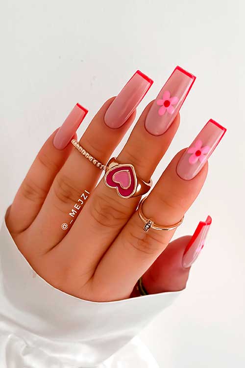 Long minimal French red nails with pink flowers