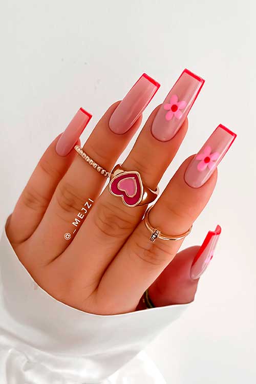 Minimal French Red Nails Long minimal French red nails with pink flowers