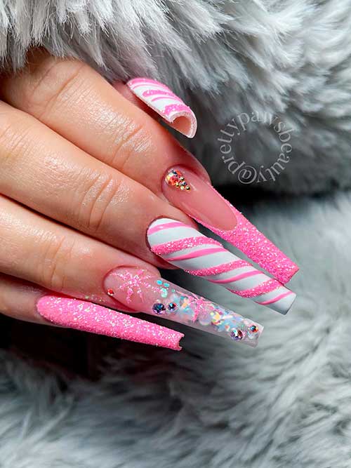 Luxury Glitter Pink Christmas Nails with Candy Cane Accent Nails