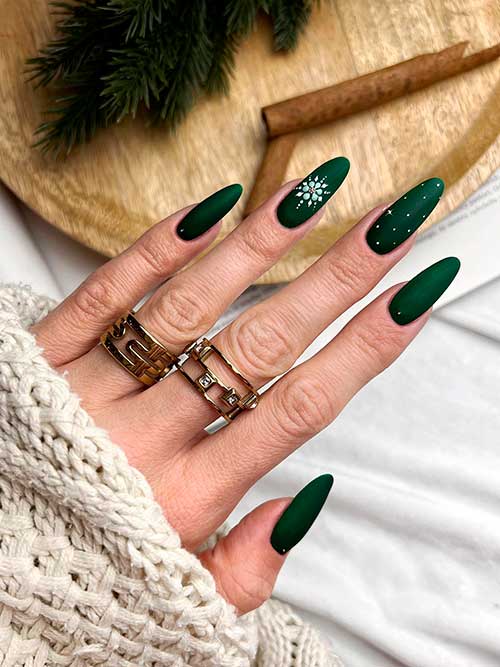 Matte Dark Green Christmas Nails Matte Dark Green Christmas Nails with White Polka Dot, Rhinestones, and A Snowflake