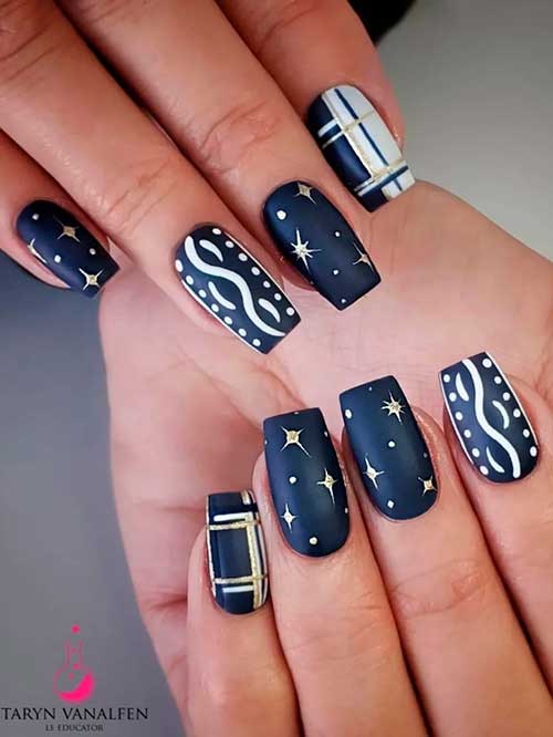 Short Coffin Matte Navy Blue Winter Nails with Gold Star Nail Art, Sweater, and Plaid Nail Art