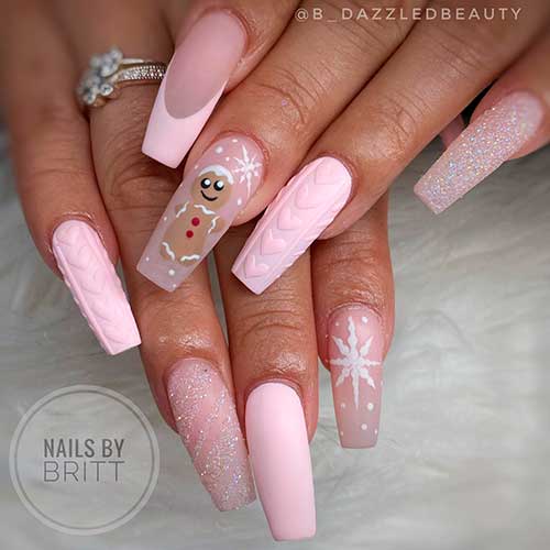 Matte Coffin Pink Christmas Nails with Glitter, Sweater, Snowflake, and French Accent Nails