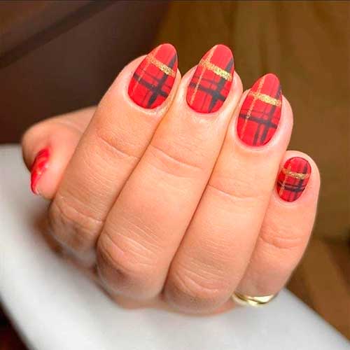 Short Almond Shaped Matte Red Christmas Tartan Nails with Gold Glitter