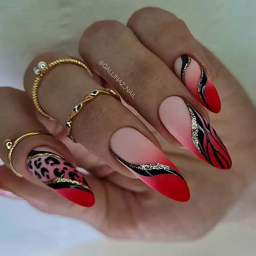 Long Almond Matte Red Ombre Nails with Balck Animal Prints and Swirl Nail Art