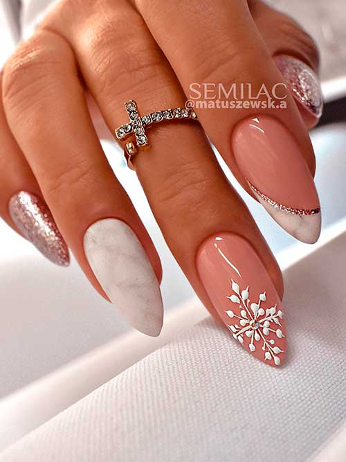 Medium Almond Nude and White Marble Winter Nails with Two Glitter Accent Nails and A Snowflake on The Middle Fingernail