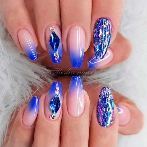 Medium Coffin Shaped Ombre Blue Winter Nails with Unicorn Glitter and Rhinestones