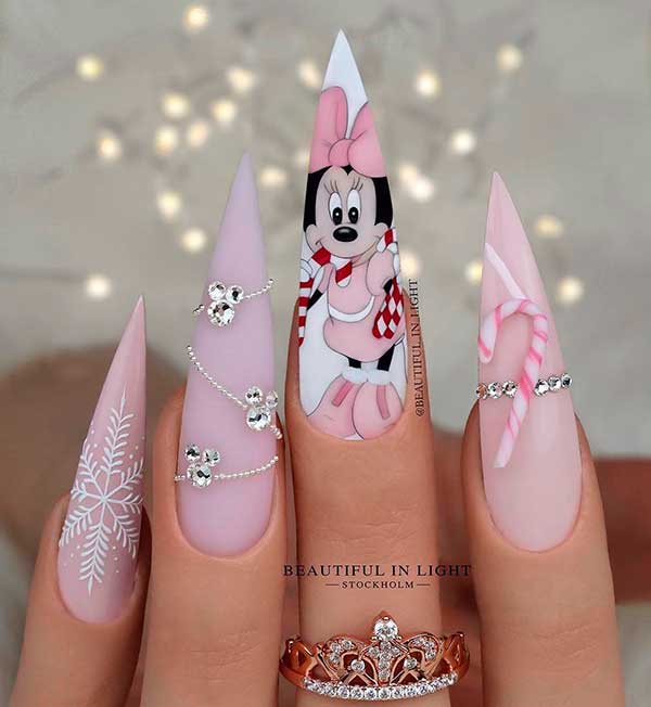 Minnie Mouse Pink Christmas Nails Long Stiletto Minnie Mouse Pink Christmas Nails with Snowflakes, and Rhinestones