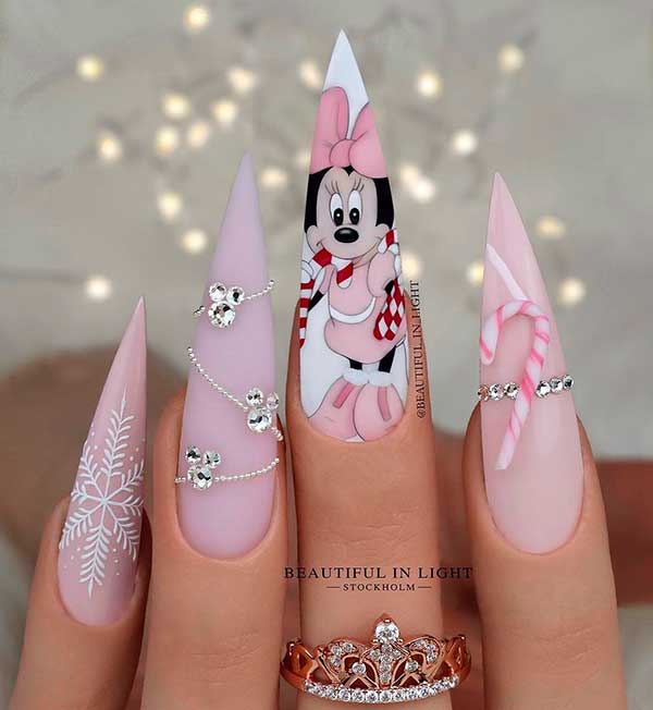 Long Stiletto Minnie Mouse Pink Christmas Nails with Snowflakes, and Rhinestones