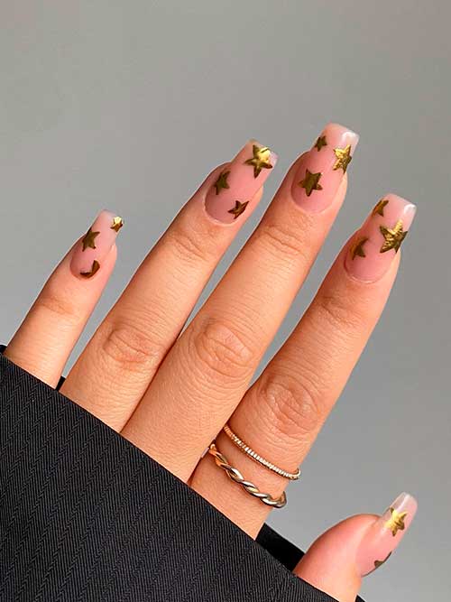 Nude Nails with Gold Stars for The New Year Medium Square Shaped Nude Nails with Gold Stars for The New Year