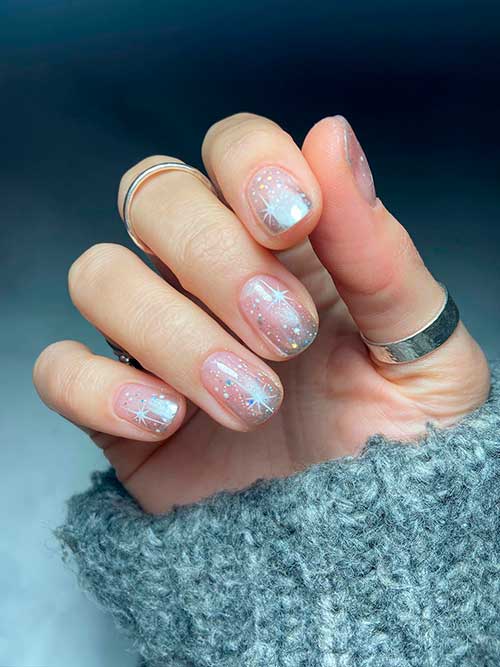 Short Ombre Silver Chrome New Years Eve Nails with Glitter and Star Nail Art