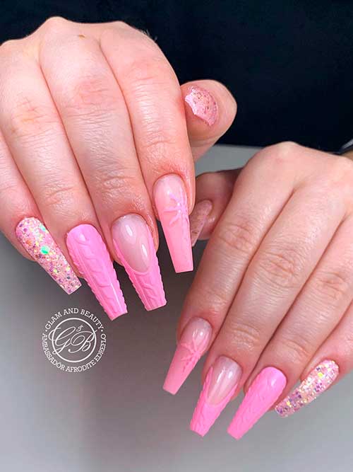 Long Coffin-Shaped Pink Christmas Sweater Nails with Glitter and Snowflake Nail Art