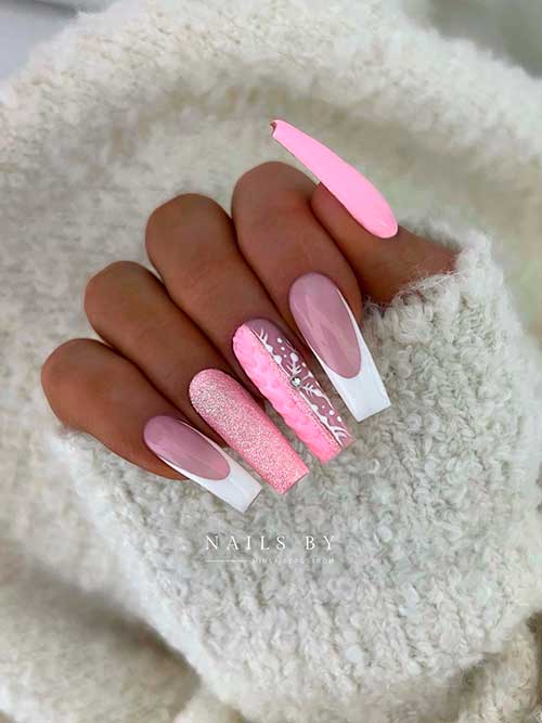Long Coffin Shaped Pink Christmas Nails with Glitter, Snowflake, Sweater Nail Art, and Two White French Tip Accent Nails