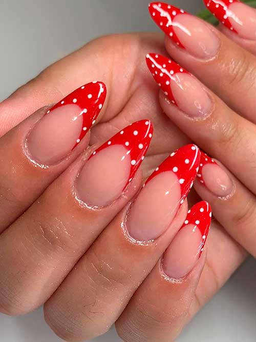 Long Almond Shaped Red French Tip Nails with White Polka Dots