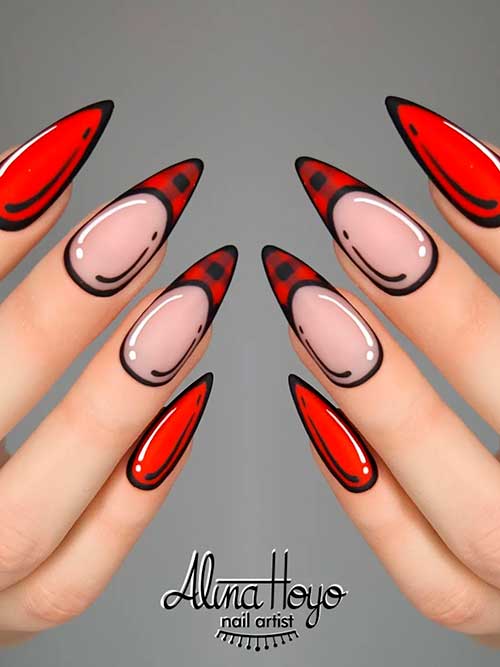 Red Pop Art Nails with French Plaid Accents Long Almond Shaped Red Pop Art Nails with French Plaid Accents