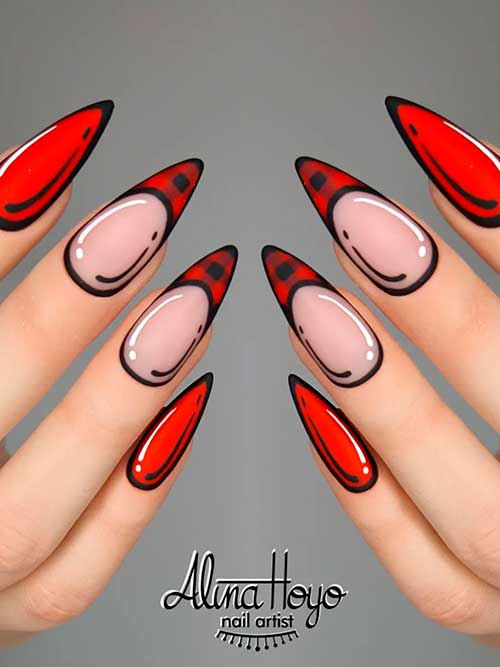 Long Almond Shaped Red Pop Art Nails with French Plaid Accents