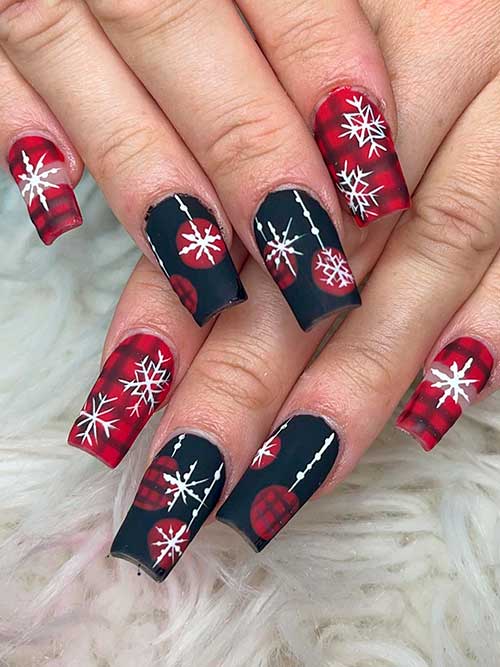 Red and Black Nails with Snowflakes Medium Square Shaped Matte Red and Black Nails with Snowflakes and Plaid Nail Art