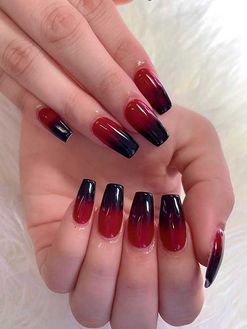 Red and Black Ombre Nails Long Coffin Shaped Red and Black Ombre Nails