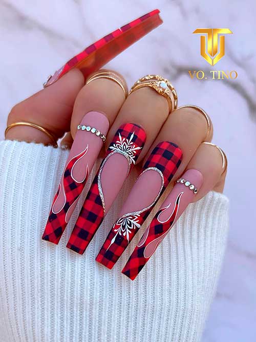 Long Coffin Buffalo Plaid Nails with Rhinestones, Snowflakes, and Flame Nail Art