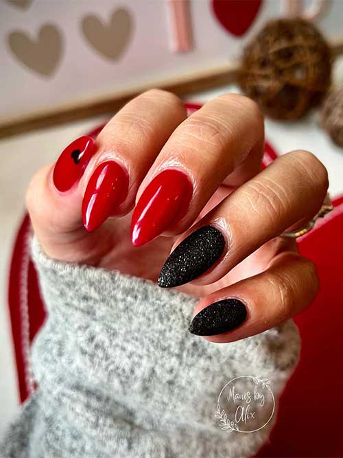 Medium Stiletto Shaped Red and Glitter Black Nails with A Tiny Heart Shape