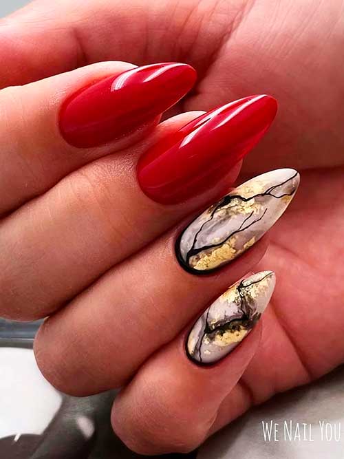 Red and White Marble Nails Medium Almond Shaped Red and White Marble Nails on Two Accent Fingernails are a Great Option of Red Nail Designs