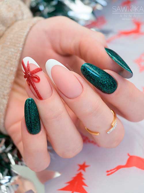 Long Round Shaped Shimmer Dark Green Christmas Nails with Two White French Accent Nails with red gift ribbon