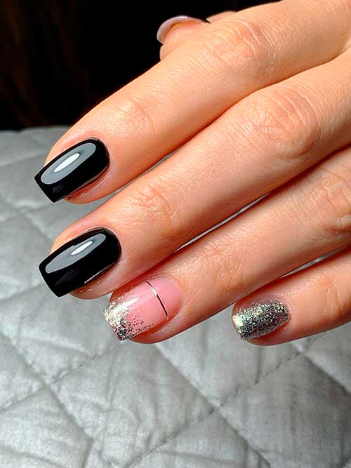 Short Black and Silver Sparkle Nails