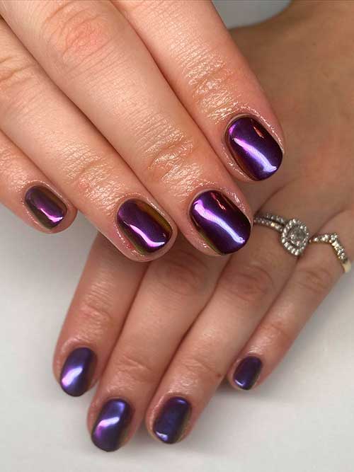 Short Dark Purple Chrome Nails Short Round Shaped Dark Purple Chrome Nails
