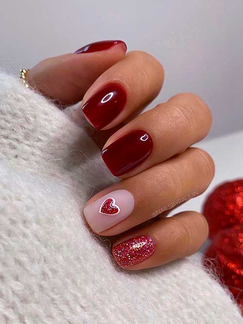 Short Square Shaped Dark Red Nails with Glitter and a Heart Shape on Accent Nails