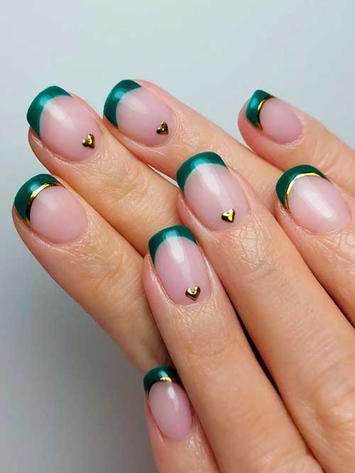 Short French Emerald Green Nails with Gold Hearts and Decorations