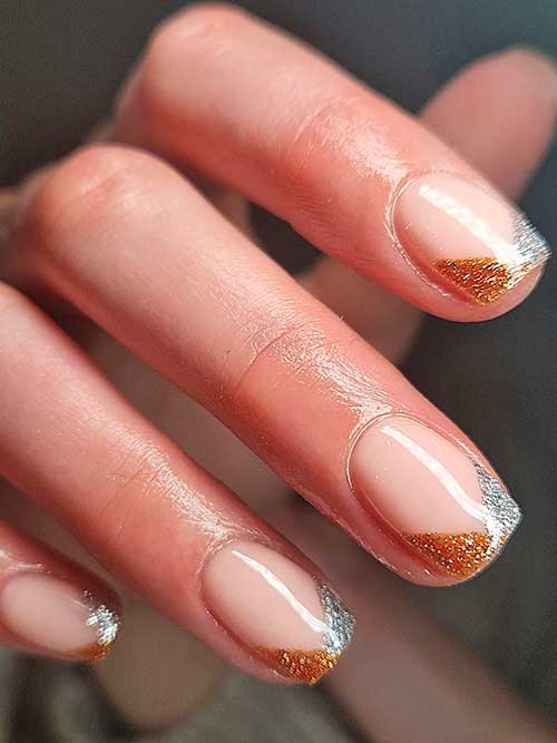 Short Glitter Silver and Gold V Cut French Nails For The New Year Short Glitter Silver and Gold V Cut French Nails For The New Year