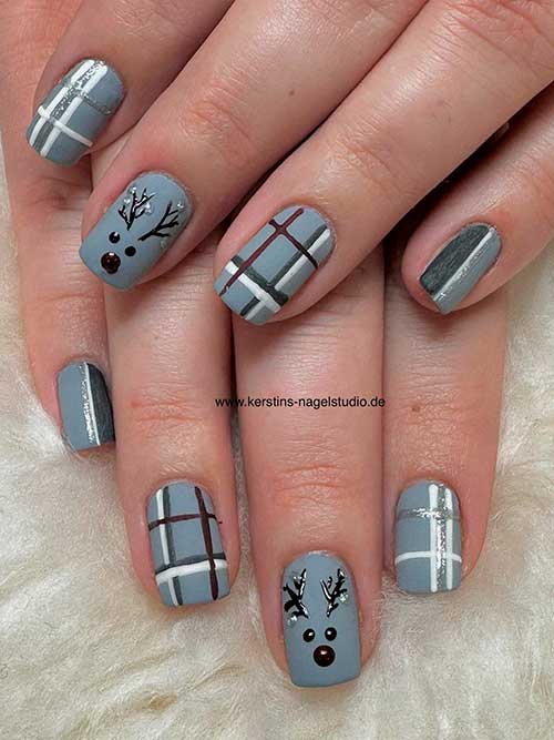 Short Matte Plaid Black Grey Nails with Reindeer Accent Nail