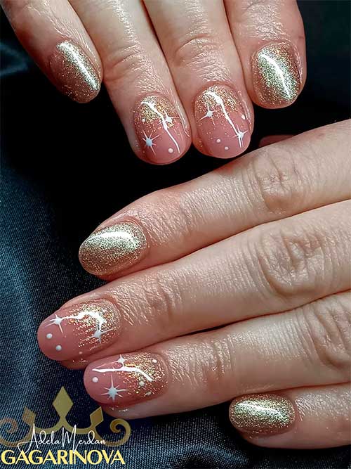 Short New Year Nails with Gold Glitter and White Dots and Stars