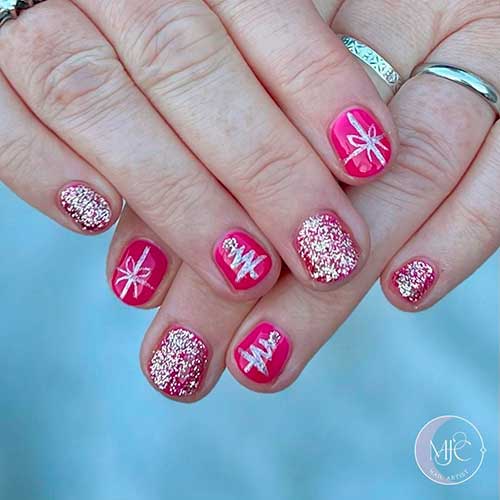 Short Pink Christmas Nails with Gold Glitter, Christmas Tree Nail Art, and Gift Ribbon on Accent Nails