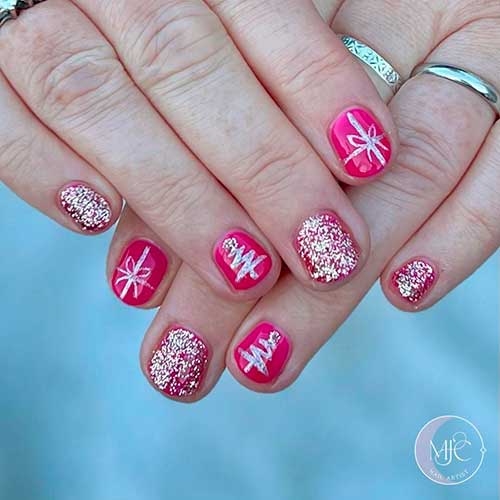 Short Pink Christmas Nails with Gold Glitter Short Pink Christmas Nails with Gold Glitter, Christmas Tree Nail Art, and Gift Ribbon on Accent Nails