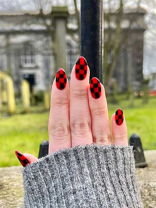 Short Red And Black Checkered Nails Short Round Shaped Red And Black Checkered Nails
