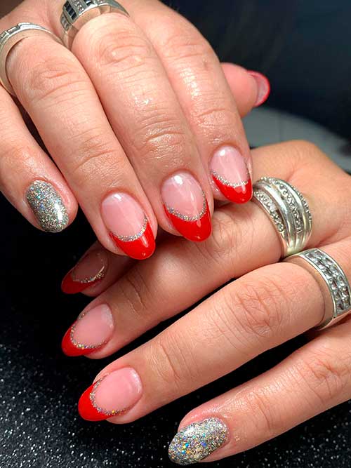 Short Red French Tip Nails with Silver Glitter on Nail Tips and on an Accent Nail