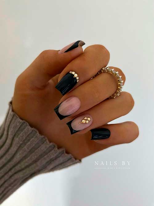 Black French Nails with Gold Rhinestones Short Square Shaped Black French Nails with Gold Rhinestones and Two Plain Black Accent Nails for Winter Season