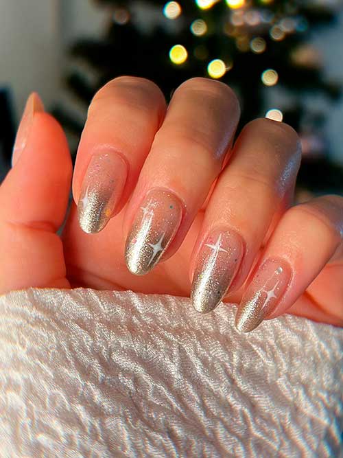 Silver Chrome Ombre Nails with White Stars Medium Almond Shaped Silver Chrome Ombre New Years Nails with White Stars