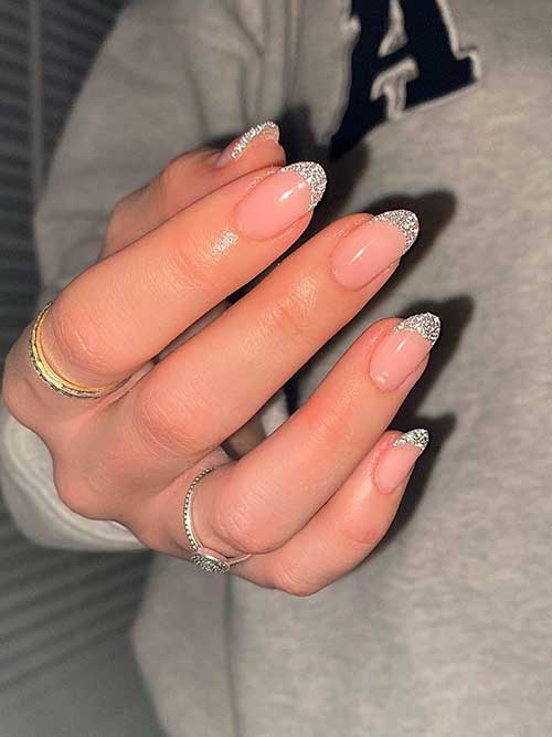 Silver Glitter French Nails Medium Almond Shaped Silver Glitter French Nails for the New Year Celebration