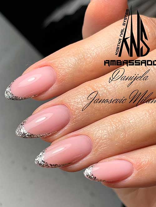 Long Almond Shaped Silver Glitter French New Years Nails