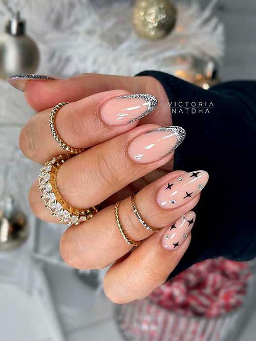 Sparkling French New Years Eve Nails with Star Accents Almond Shaped Sparkling French New Years Eve Nails 2023 with Star Accent Nails