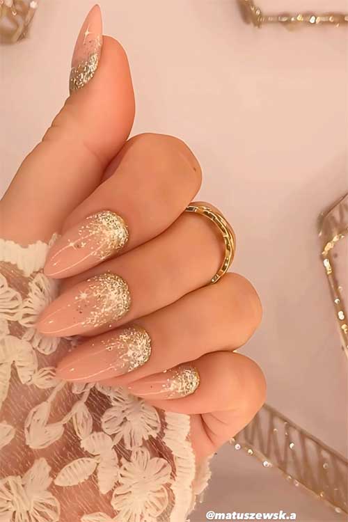 Silver and Gold Glitter New Year Nails Medium Almond Shaped Nude New Year Nails with Silver and Gold Glitter