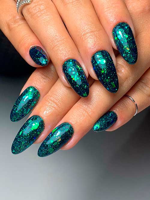 Medium Almond Shaped Sparkling Glitter Emerald Nails